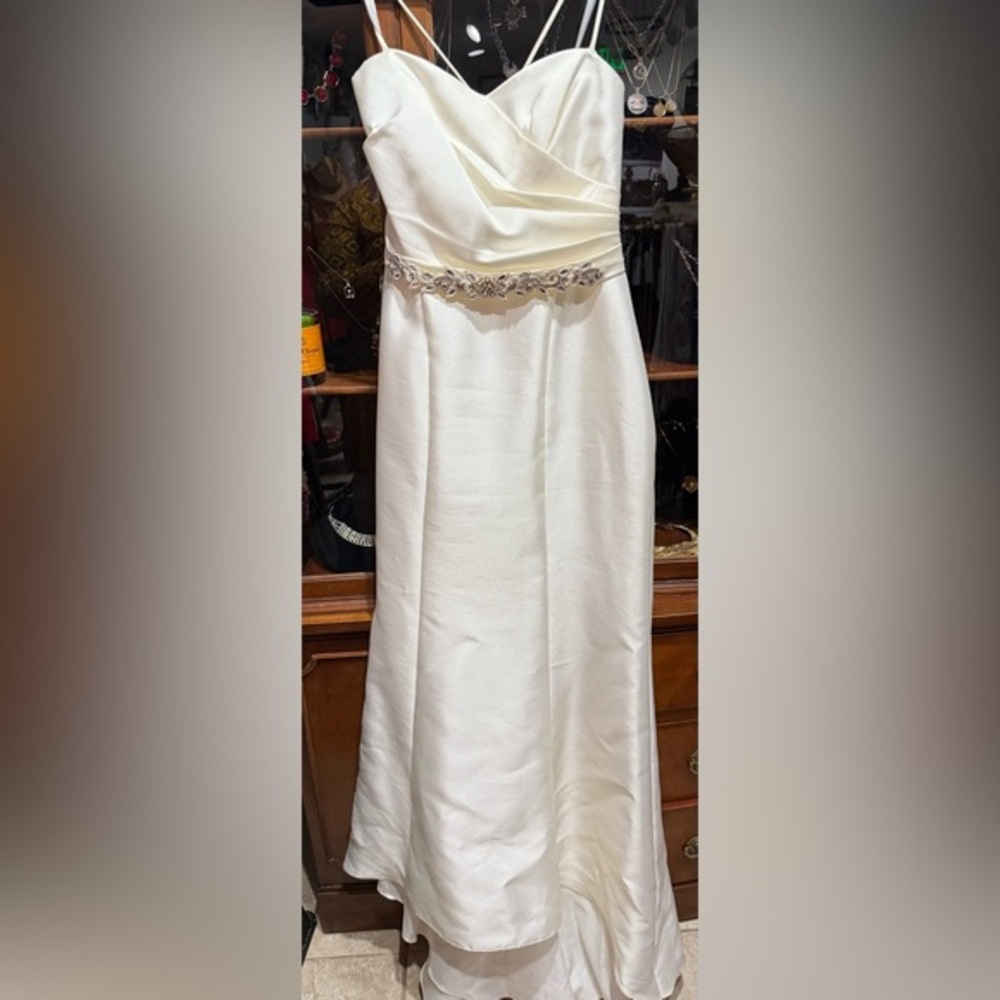 David’s Bridal Satin Gown with Beaded Waistband (Size 8)